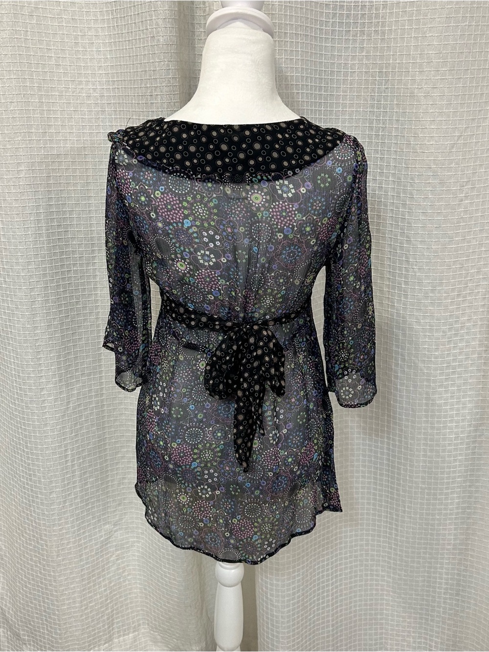 Sheer 100% Silk Black Floral V-Neck Babydoll Top - Picture 2 of 5